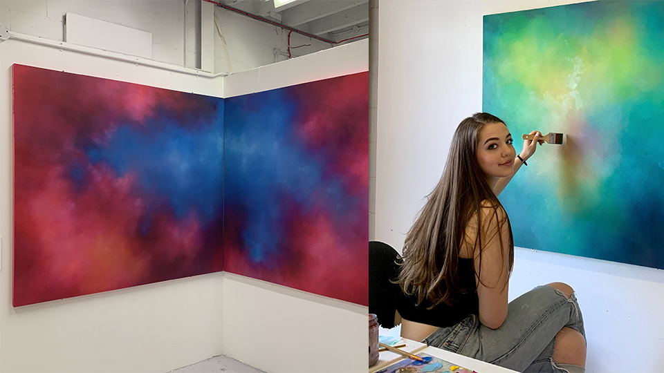 Two photos of Jessamine's colourful artwork including one of her mid-process painting on a canvas and facing towards the camera