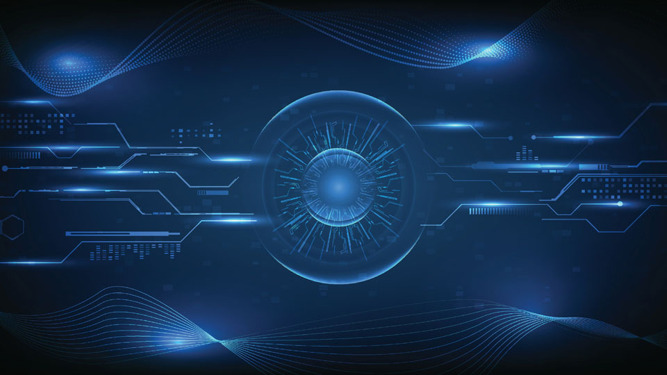 Illustration of a digital eye - iris at the centre with blue lines suggesting the movement of data, to and fro