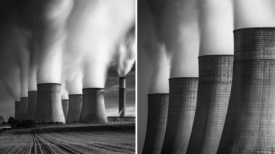 Steve Cole's photographs, side by side - “Full Steam Ahead” (left) and “Towers of steam” (right)