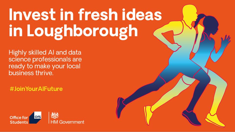 Orange background with icons of a man and woman runner in sync with a gradient colour from yellow to blue covering them. The rest of the graphic displays text titled with 'Invest in fresh ideas in Loughborough'