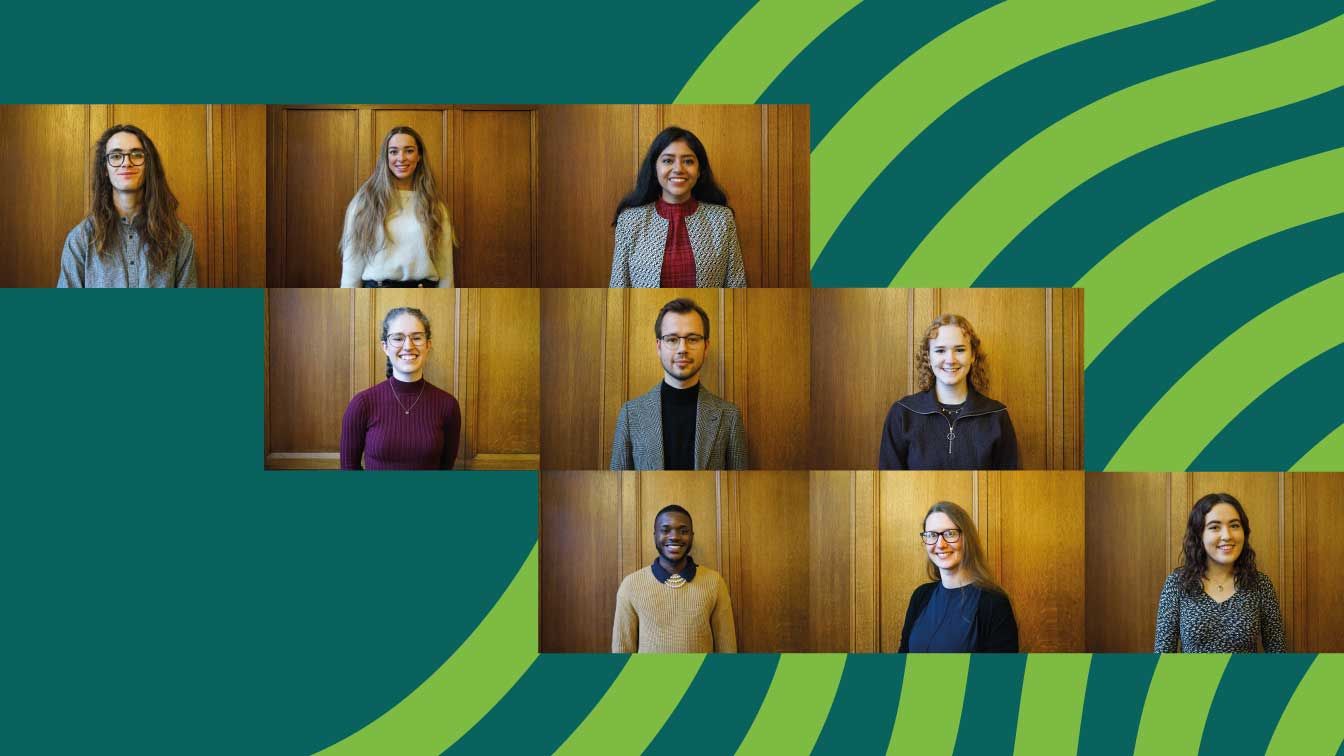 Close-up photos of the student arts scholars on a green pattern background.