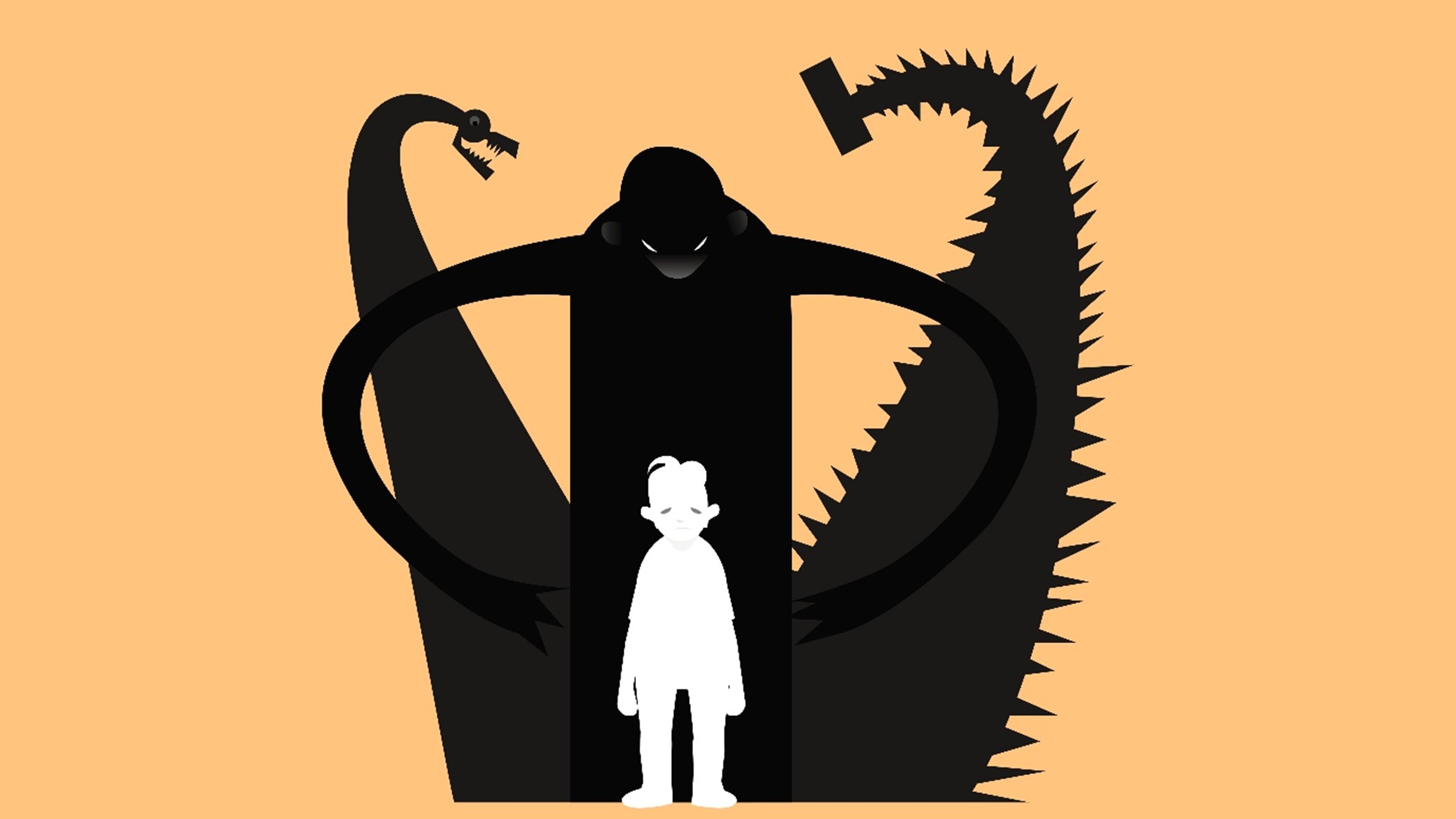 Illustration with an orange background showing a small child with a dark monster behind them looking over them