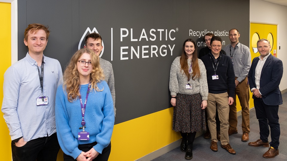Plastic Energy’s Loughborough-based R&D team with Andrew Lake, Principal Scientist, and David McNamara, Chief Technology Officer (far right)