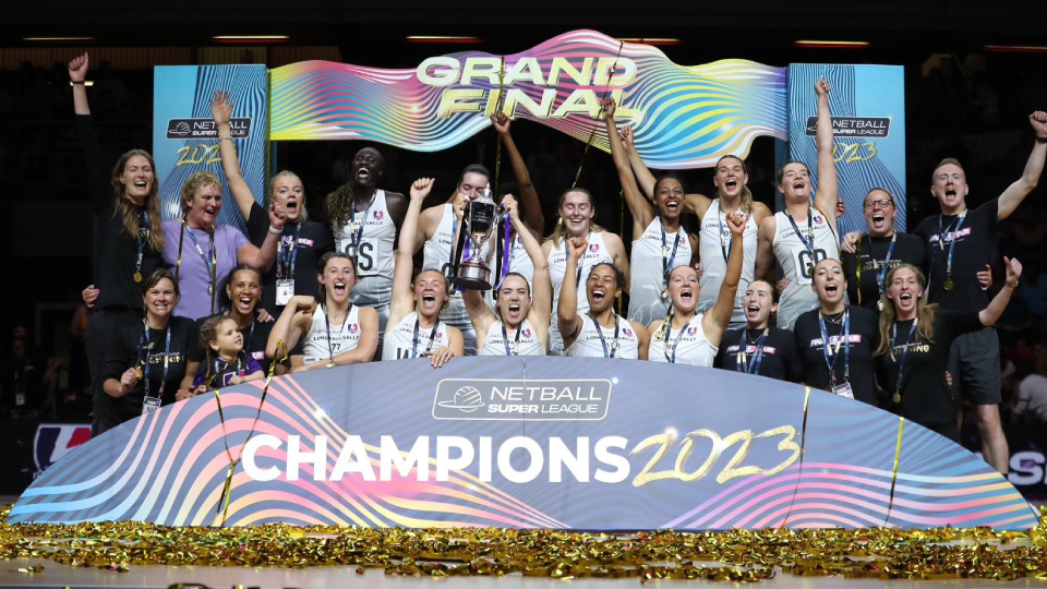 Loughborough Lightning lift the 2023 Super League title. Image provided by Morgan Harlow. 