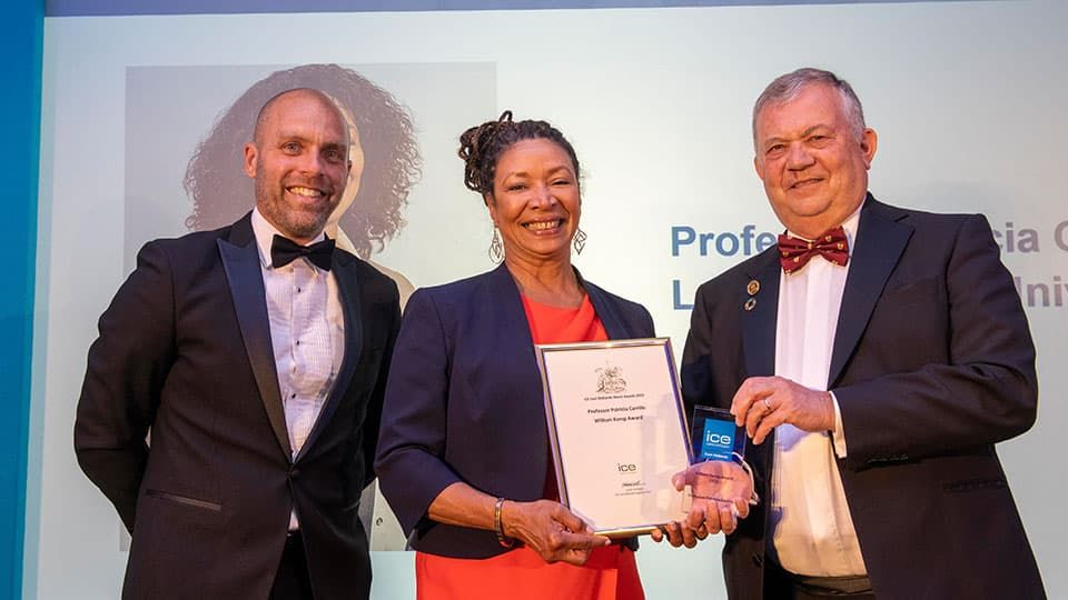 Professor Patricia Carrillo standing with two other people in front of a projector screen, smiling and holding a framed award. 