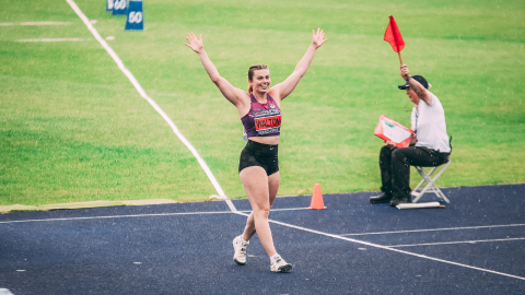 Bekah Walton won gold by throwing 58.19m in the javelin. Photograph supplied by Pete Simmons / 5or6.