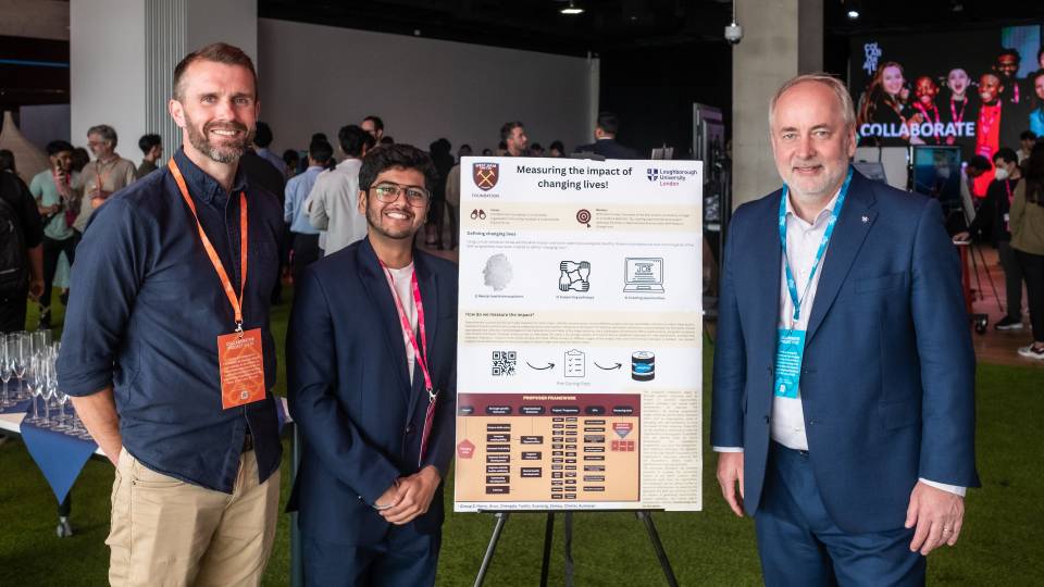 A photo of Jesse Foyle from West Ham stood with Professor Nick Jennings and a current student from the Institute for Sport Busines Kumaran Parameshwaran at the Collaborative Project show.