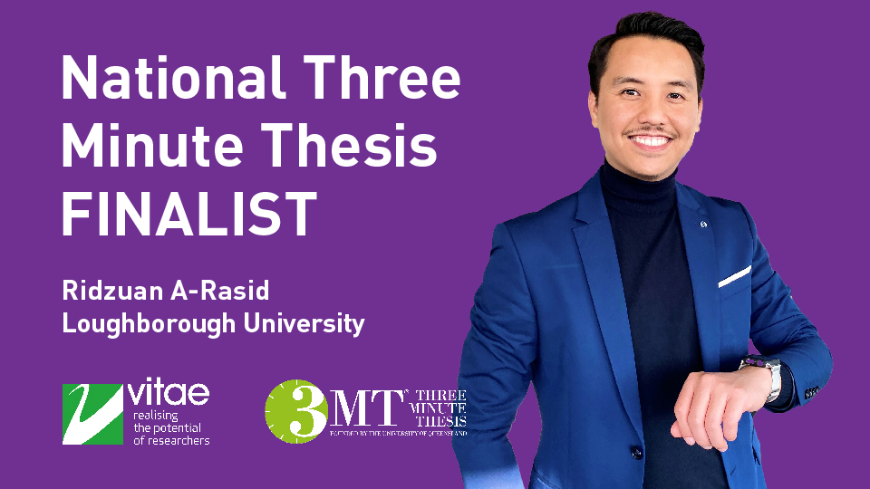Purple background with 'National Three Minute Thesis Finalist' written in large font, a photo of Ridzuan smiling and the Vitae and Three Minute Thesis logos underneath. 