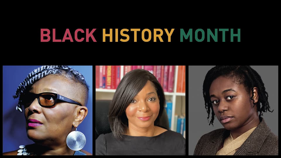 Close-up photos of Carol Leeming MBE, Tracey Fox and Nicole Acquah in a row with the title 'Black History Month' above in red, yellow and green lettering. 