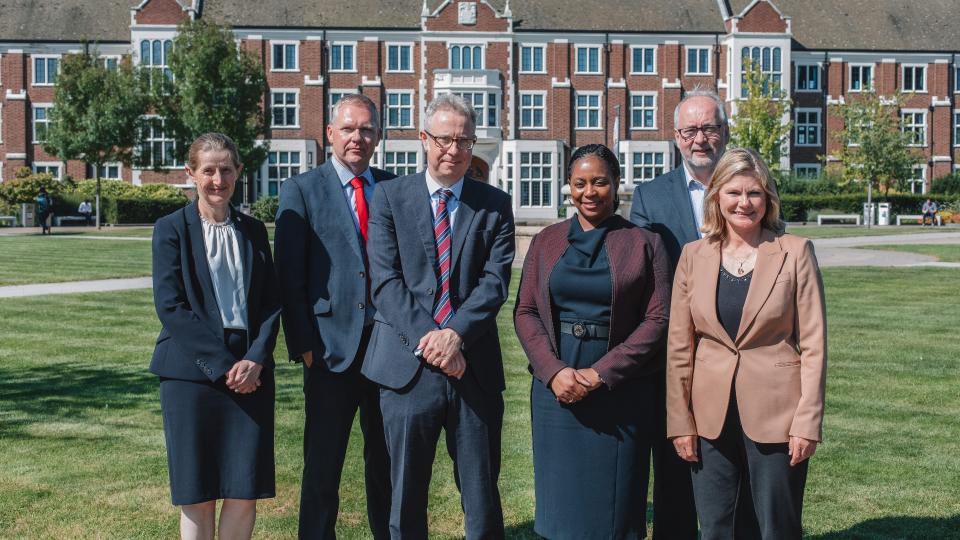 Photo of Professor Charlotte Croffie, Professor Rachel Thomson, Professor Nick Jennings, Chief Operating Officer Richard Taylor, Nick Forbes CBE and Rt Hon Justine Greening stood together outside on the Hazlerigg-Rutland Lawn facing towards the camera