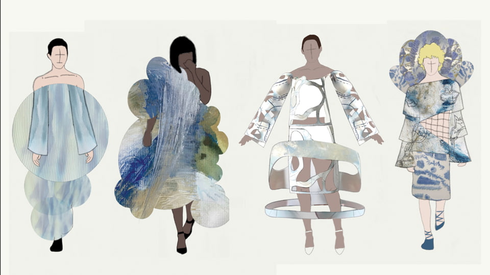 Drawings of four figures wearing clothes of a variety of shapes and textures in blue and earthy tones.