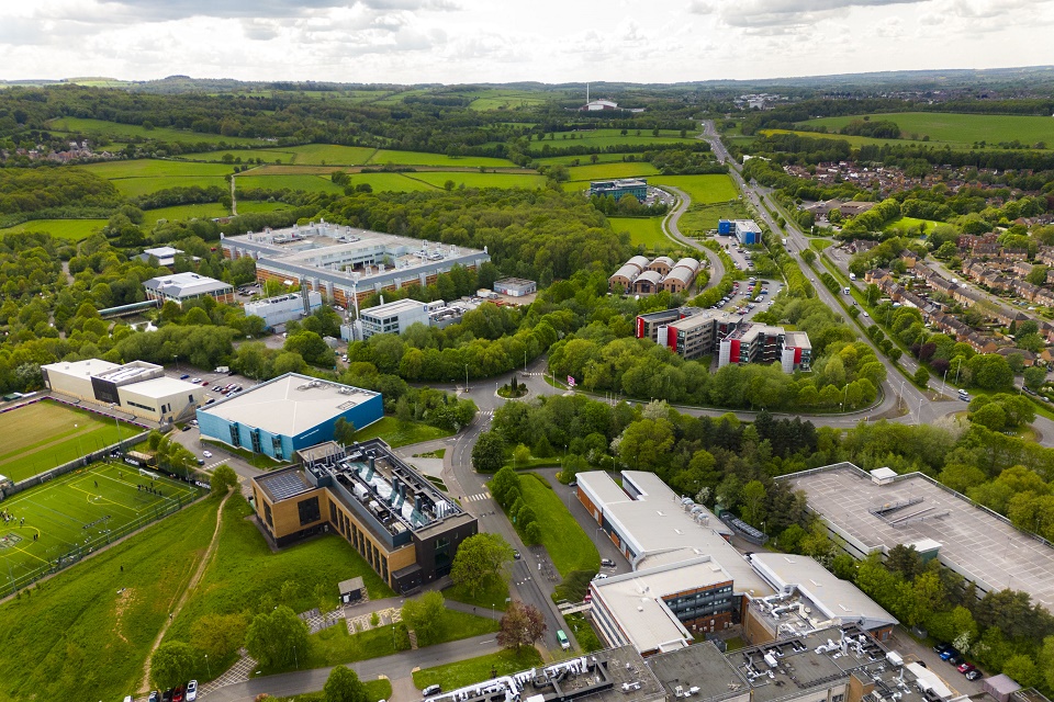 An aerial shot of Loughborough University Science and Enterprise Park, featuring a number of buildings