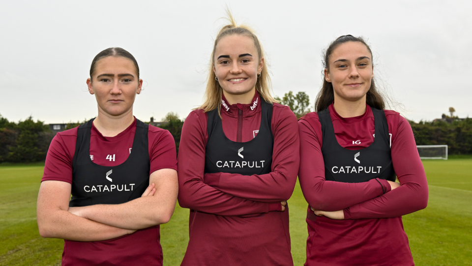 West Ham United women’s team players, Keira Flannery, Izzy Atkinson and Jess Ziu wearing Catapult training technology.