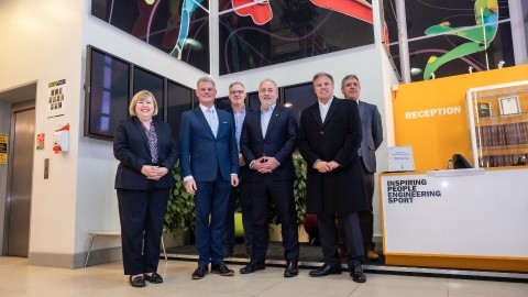 (L-R) Jane Hunt MP, Stuart Andrew MP, Professor Mark Lewis, Professor Nick Jennings, Brett Gosper (Head of Europe & UK for the NFL), Professor Andy Harland. 