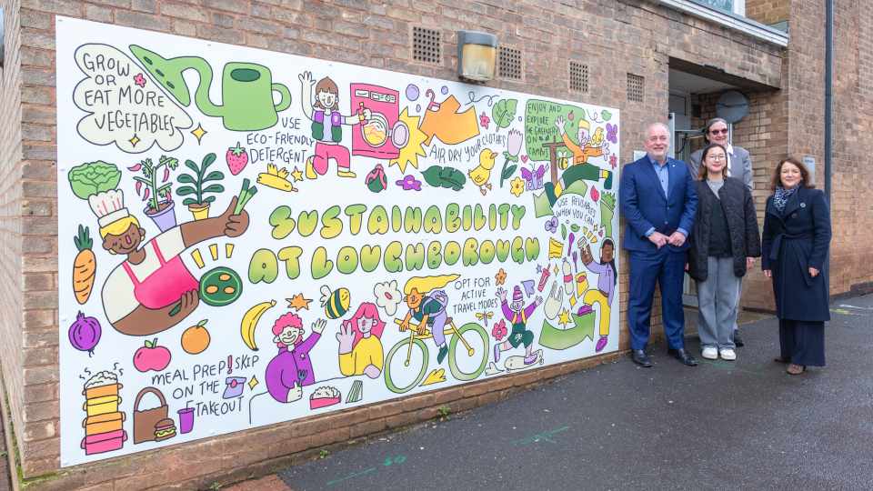 The Vice-Chancellor Nick Jennings, Jasia Pang and other senior members of staff standing beside Jasia's mural on the side of the Schofield building.