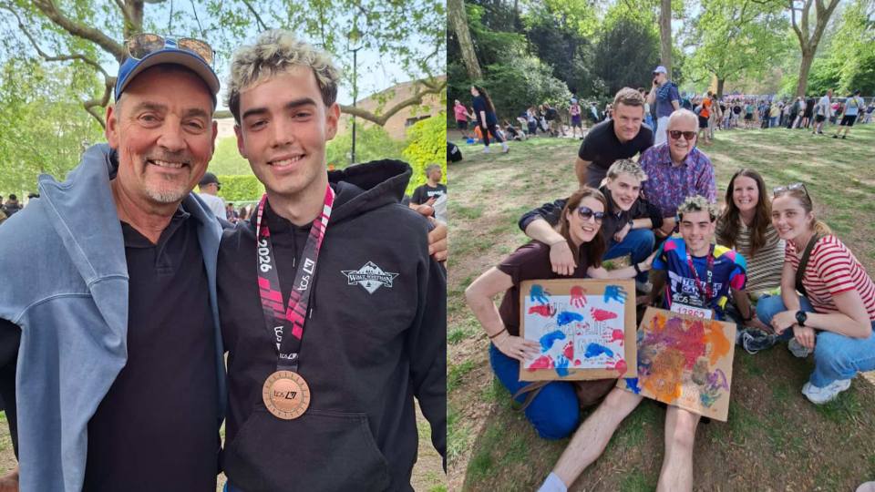 Two images of Charlie Livingstone-Wyre wearing his medal with family and friends after completing the London Marathon.