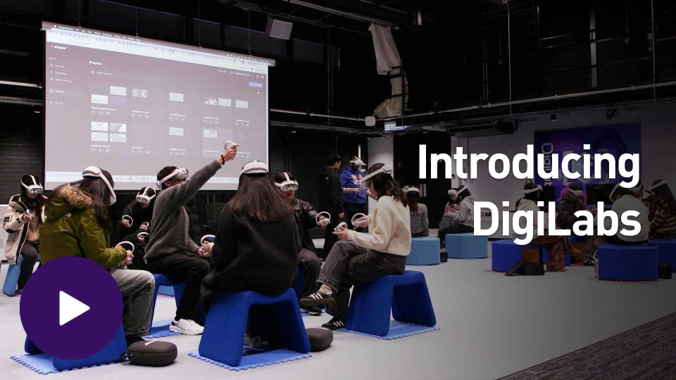 People sitting on blue stools using virtual reality equipment alongside the title 'Introducing DigiLabs'.