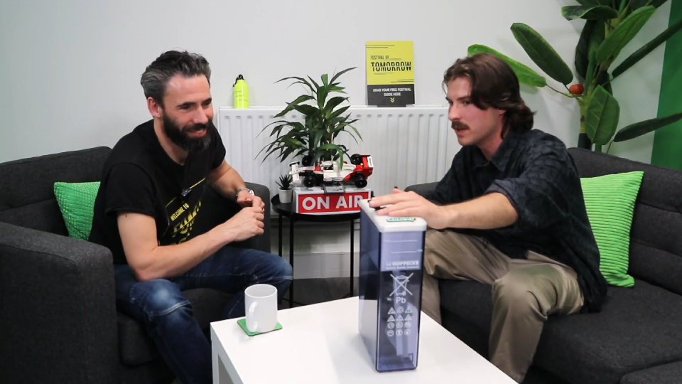 Matt Brenton presenting the battery-electrolyser to Rod Hebden on The Festival of Tomorrow podcast.