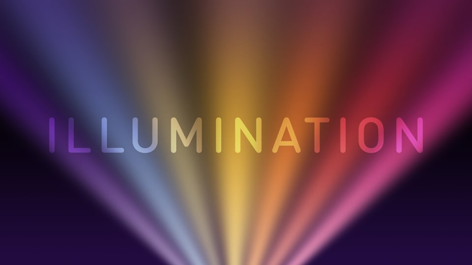 Translucent text reading 'Illumination' on a background of rainbow spotlights