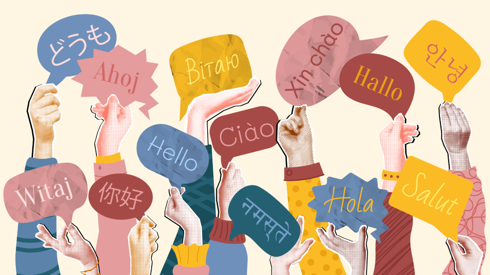a cartoon showing 'hello' in different languages