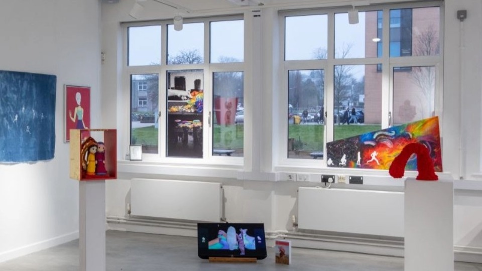 An art exhibition in the James France Exhibition area, overlooking the Shirley Pearce square
