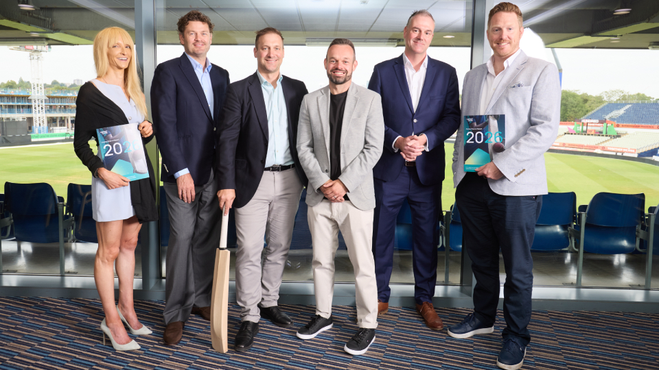 Leonard Curtis Cricket Finance Report 2026 Launches with photo of R Gess Howarth, Alex Cadwallader, David Brown, Dr Dan Plumley, Jonathan Dyson and Professor Rob Wilson