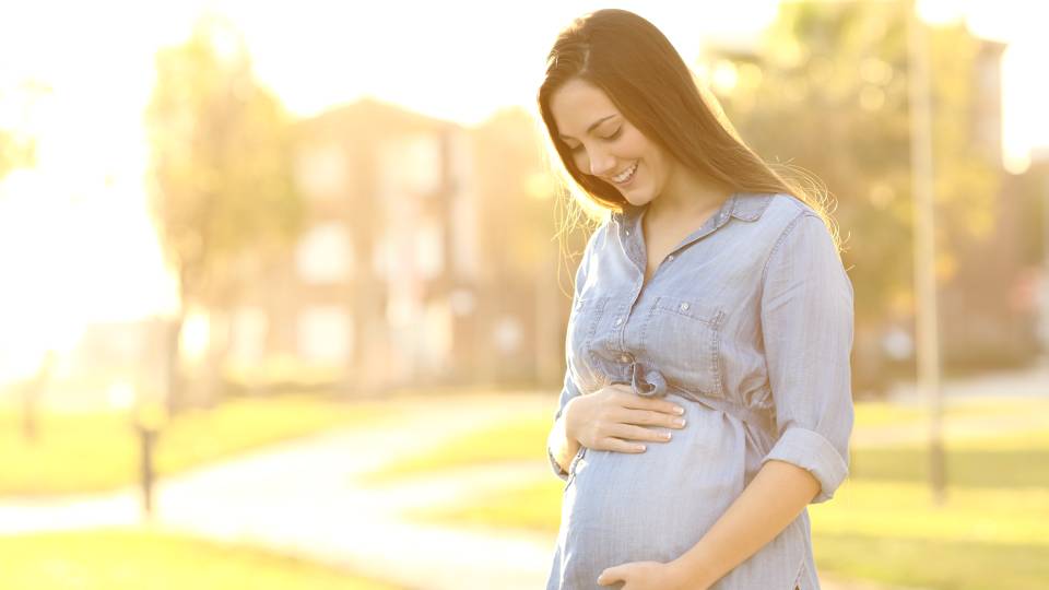 a pregnant woman holds her stomach