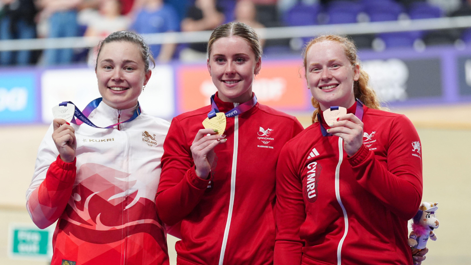 (L-R) Sophie Capewell of England (silver),Emma Finucane of Wales (gold) and Rhian Edmunds of Wales (bronze) on the podium following the Women's Sprint final at 2026 Commonwealth Games. Image provided by PA / Alamy