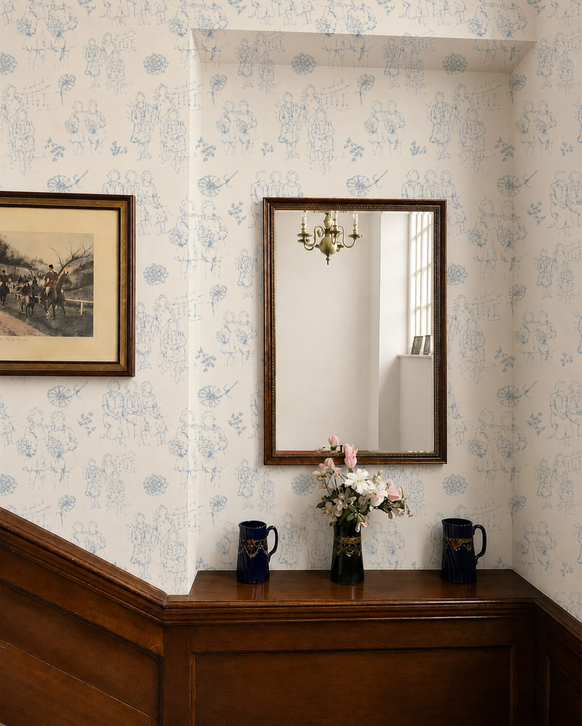 Hand drawn and screen-printed toile-inspired wallpaper visualised within a domestic interior setting.
