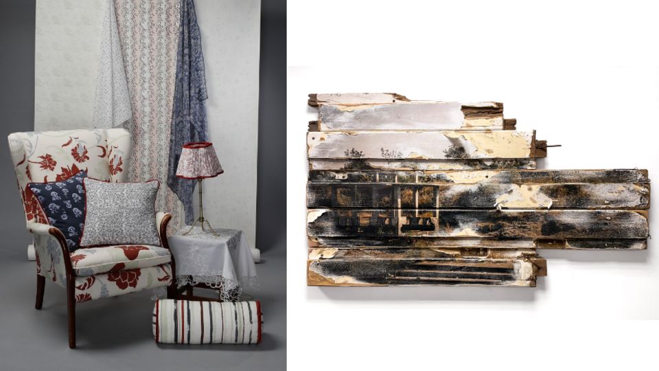 An image of an upholstered armchair, cushion and lampshade with fabric draped behind alongside a photographic transfer on wood.