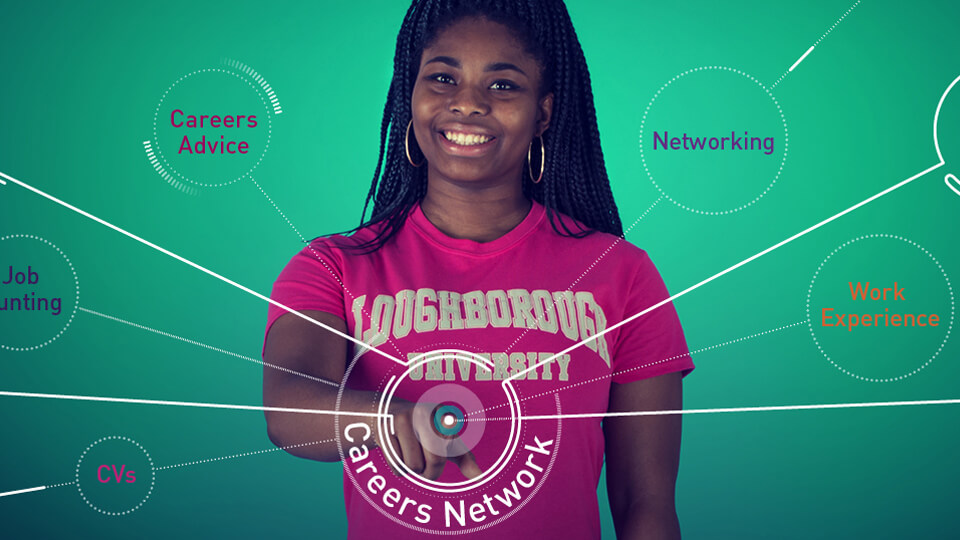 Female student in a pink Loughborough University top standing in front of a green background, smiling at the camera.