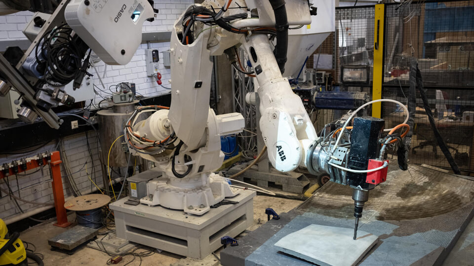 Concrete Laboratories, including the 3D concrete printer robot, in the School of Architecture, Building and Civil Engineering.