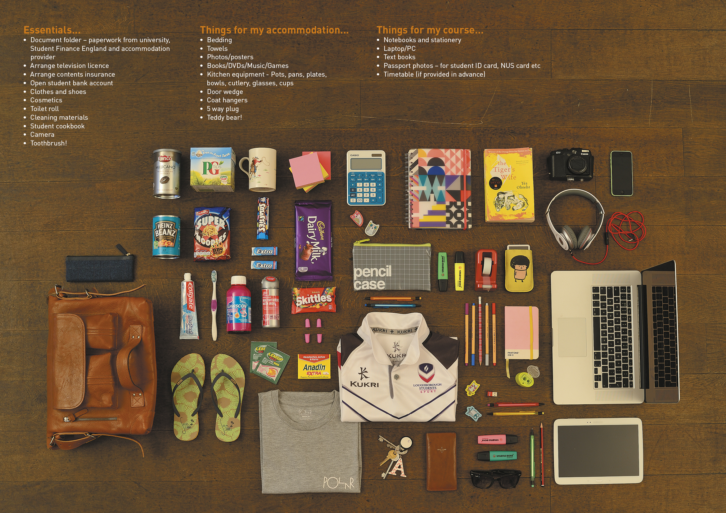 List of items that students could bring to university, with some of the items placed on a floor together. 