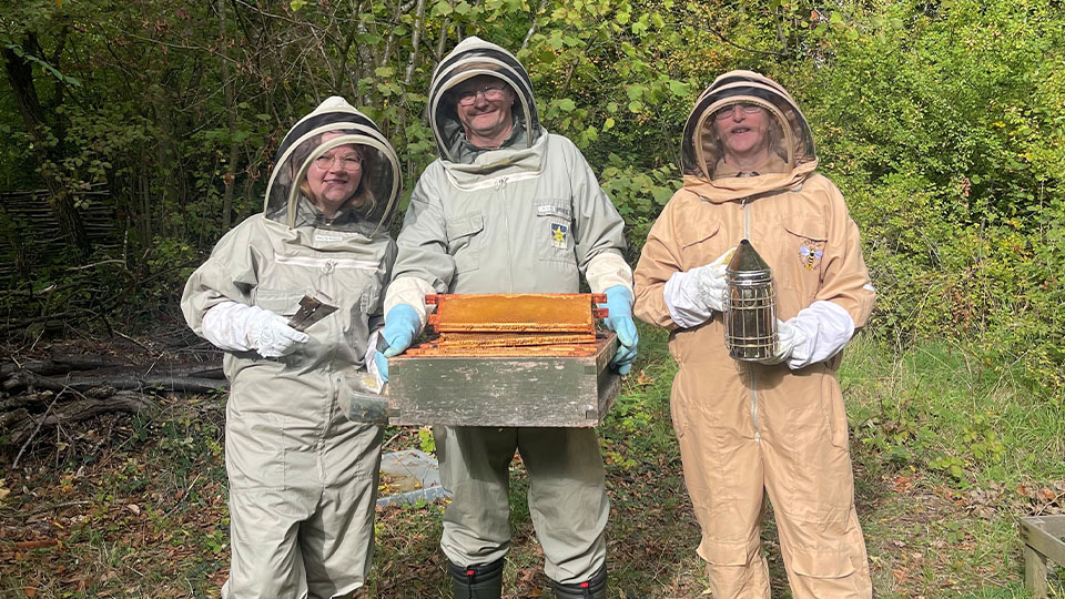 Three people wearing full beekeeping suits and gloves standing outdoors in a wooded area. The person in the center is holding a wooden frame filled with honeycomb, while the person on the right holds a metal bee smoker.