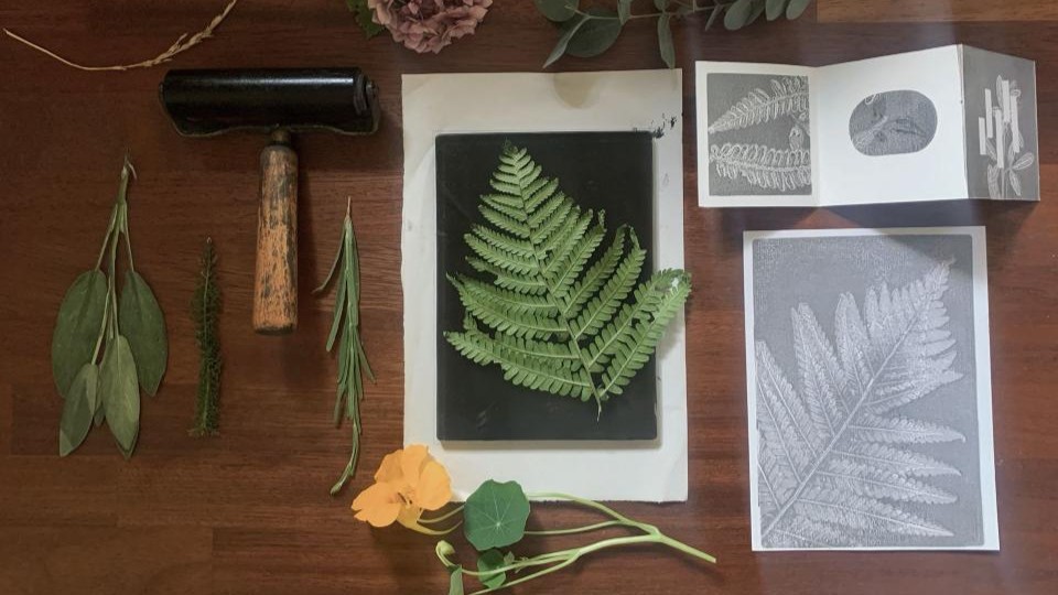 A table displaying various plants alongside gardening tools, showcasing a gardening setup.