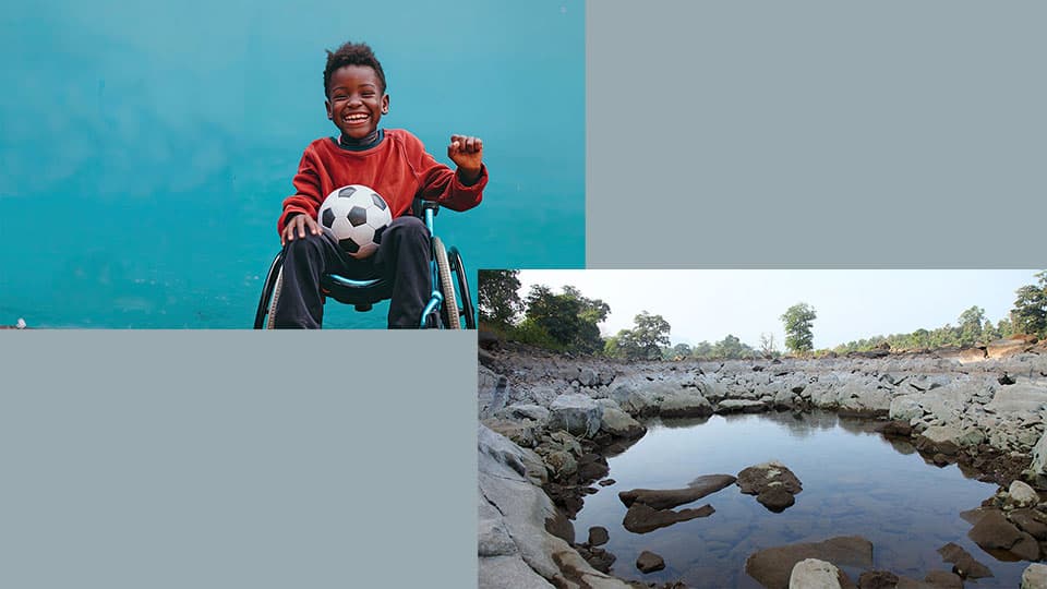 A child in a wheelchair with a football smiling alongside a separate landscape of a rock pool
