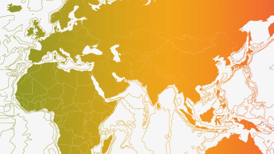A map of Europe, Asia and Africa with a green-orange gradient