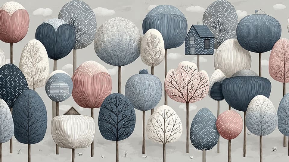 Illustration featuring rounded blue, pink, and white trees with a small cottage nestled among the treetops against a soft grey background.