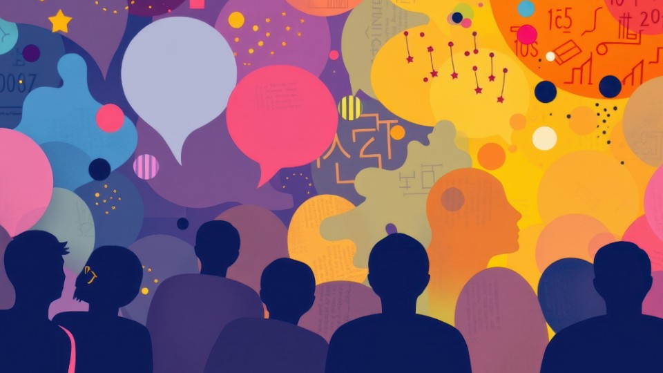 An abstract artwork of a group of people standing in front of vibrant speech bubbles.
