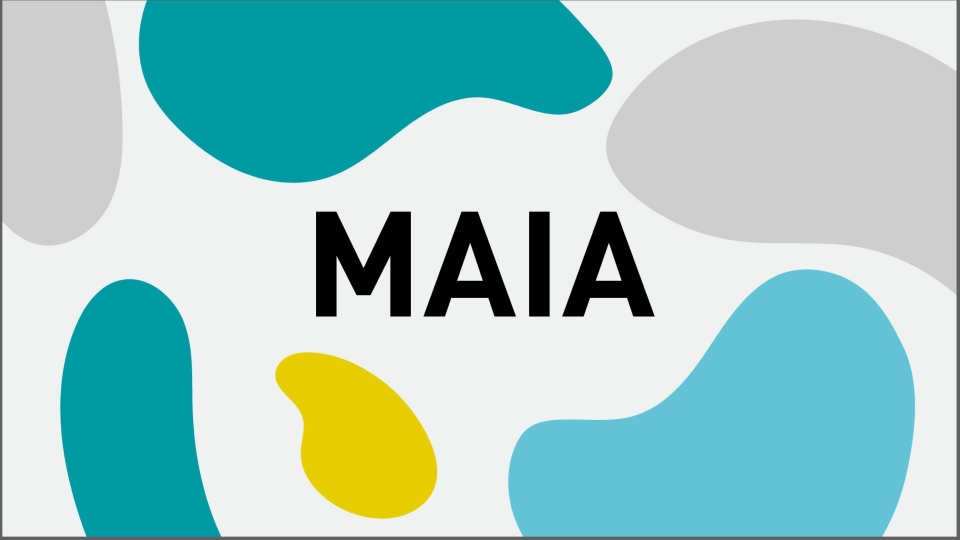 Blue, grey and yellow abstract shapes with the Maia logo in the centre.