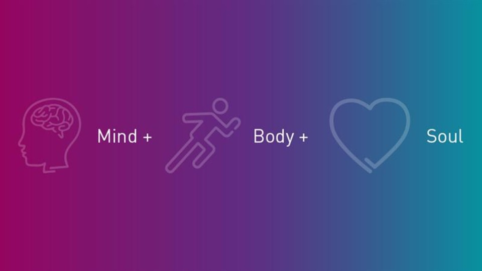 A vertically gradient, purple to blue, background with the text 'Mind Body Soul' in white.