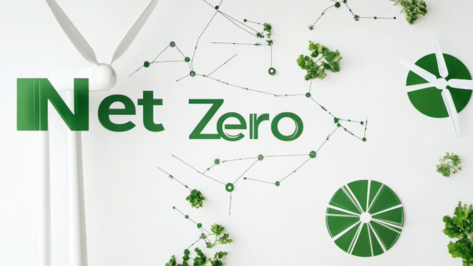 Conceptual image illustrating net zero energy as the future of the energy industry, featuring renewable energy sources.
