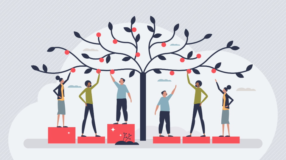 Illustration of six people standing on different height podiums reaching up towards oranges hanging on a tree.