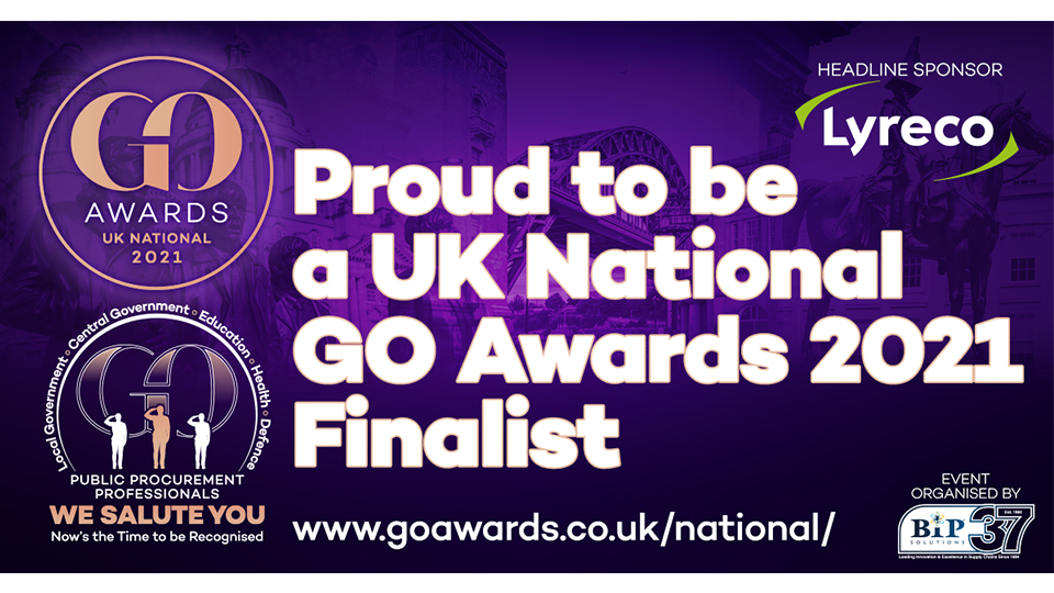 Purple banner with the Go Awards logo, sponsor logos, and words that say 'Proud to be a UK National Go Awards finalist' 