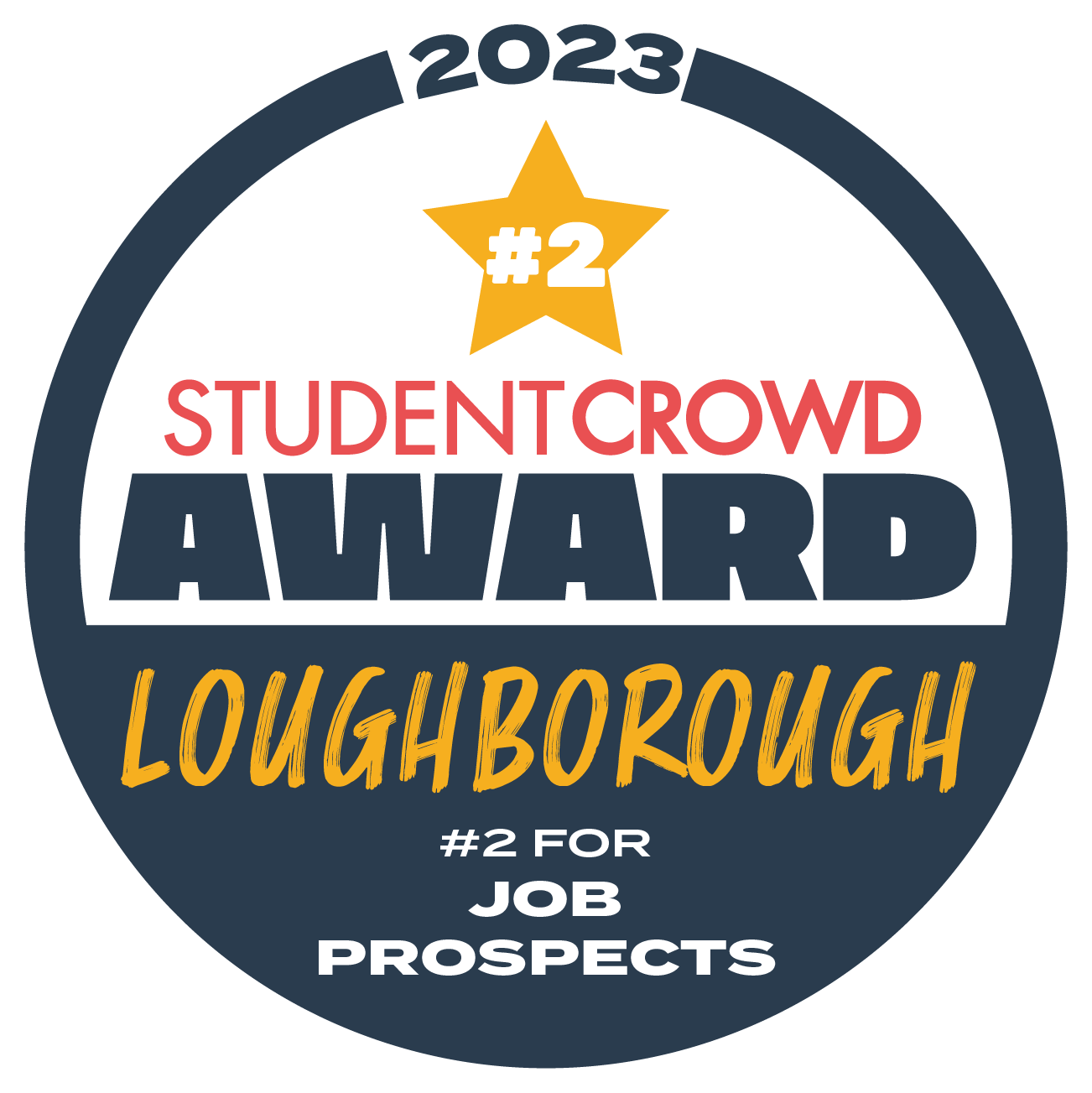 A round illustrative badge with a gold star featuring '#2' inside and text saying 'StudentCrowd Award Loughborough Job Prospects'