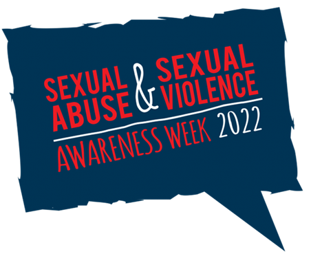 blue speech bubble with red and white text inside saying 'Sexual Abuse and Sexual Violence Awareness Week 2022'