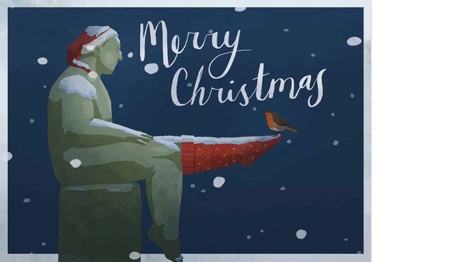 Illustration of the Sock Man based in Loughborough Town Centre with the words 'Merry Christmas' written in white