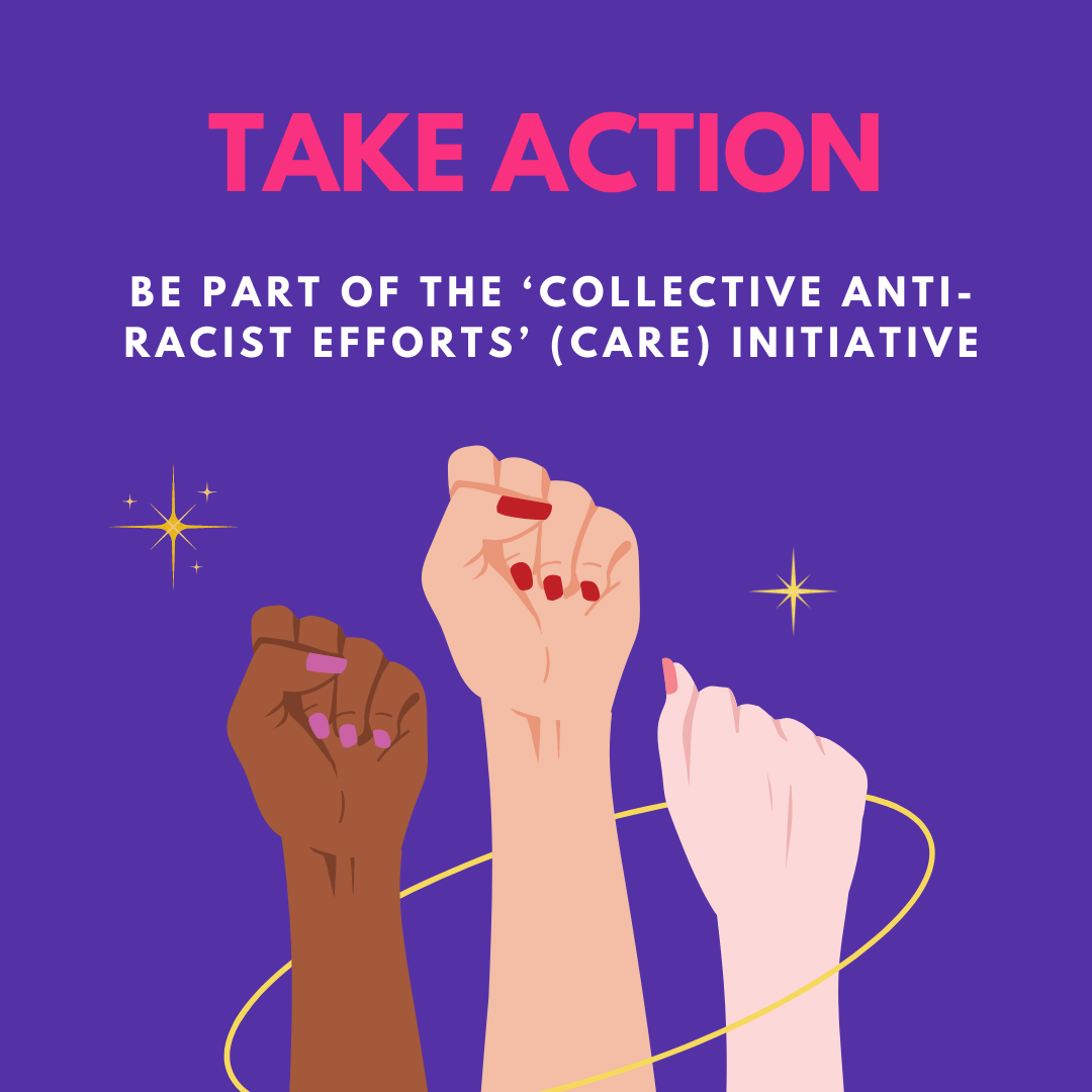 Illustration with purple background and fists raised in the area 