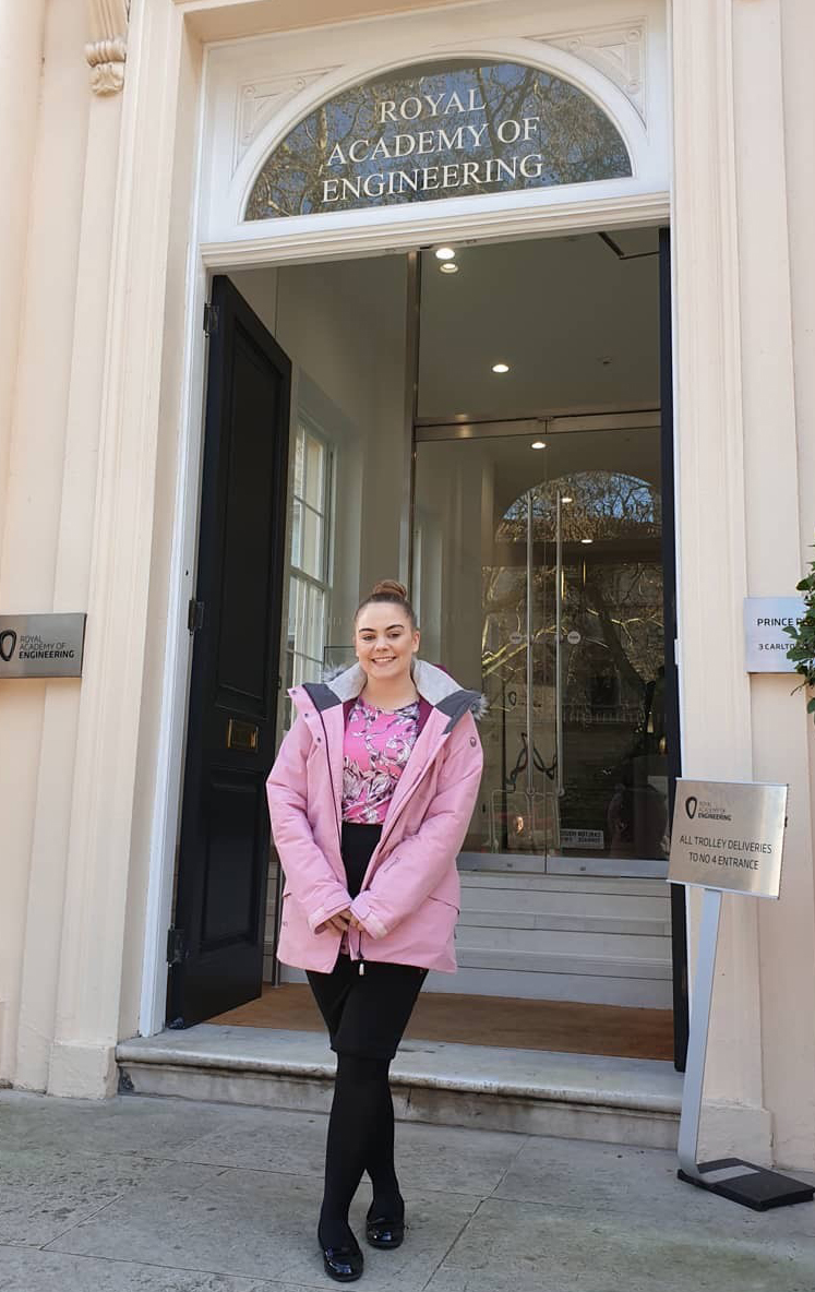student Emily Turnbull stood outside Royal Academy of Engineering headquarters