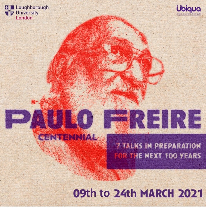 Illustration of Paulo Freire in red on a brown background with some text about the event